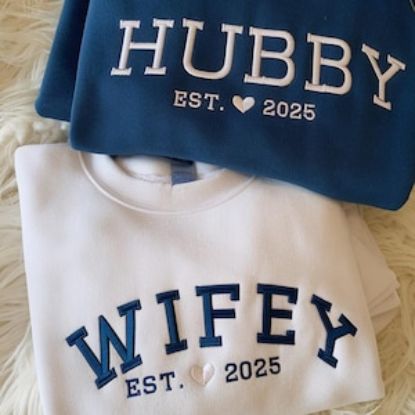 Embroidered Matching Wifey & Hubby Sweatshirt, Personalized Wedding Date Crewneck, His and Hers, Gift for Her, Engagement Gift, Wedding Gift
