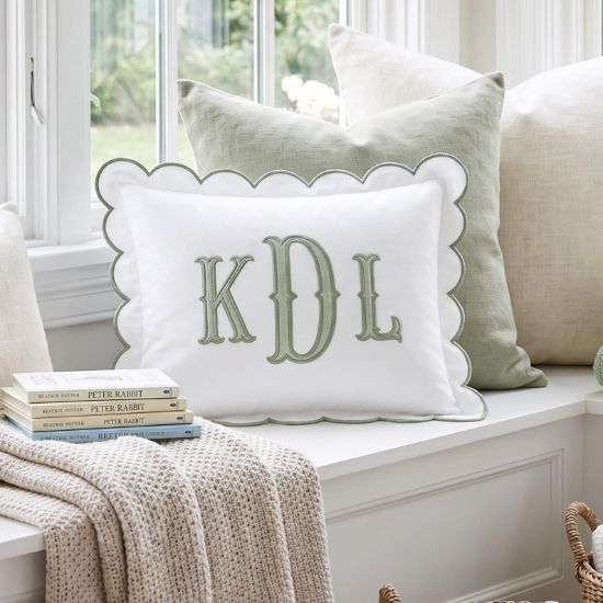 Custom Monogram Pillow, Personalized Scalloped Pillow, Embroidered Initial Cushion, Nursery Decor, Baby Shower Gift, Kids Room Pillow