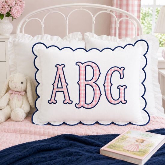 Personalized Embroidered Monogram Scalloped Pillow, Custom Appliqué Cushion, Nursery Decor, Preppy Dorm Room Gift