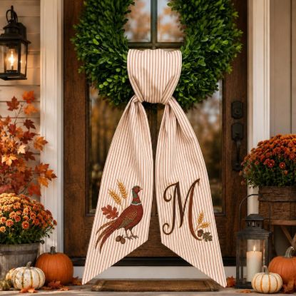 Personalized Pheasant Wreath Bow, Embroidered Fall Door Bow, Custom Initial Autumn Wreath Sash, Thanksgiving Front Door Decor Farmhouse