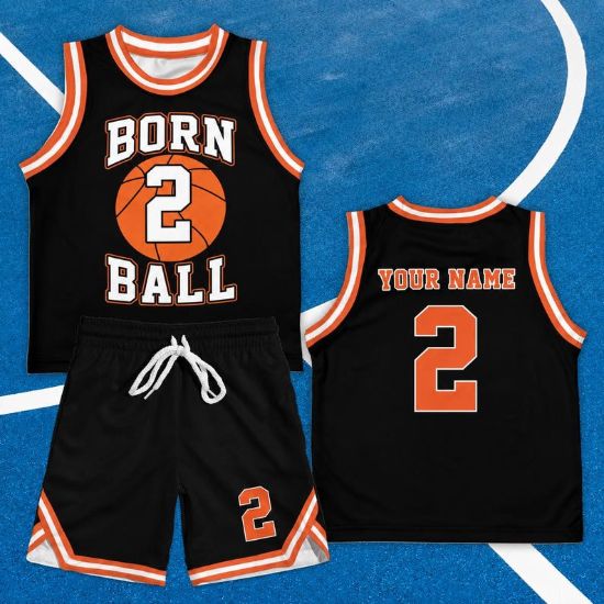 Personalized Kids Basketball Uniform Set, Born 2 Ball Birthday Outfit, Custom Name Number Jersey and Shorts, Toddler Sports Party Outfit
