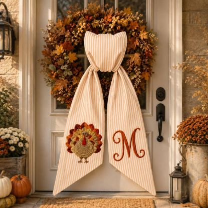Personalized Thanksgiving Wreath Sash, Embroidered Turkey Door Bow, Fall Wreath Ribbon, Monogram Autumn Decor, Thanksgiving Front Door Decor
