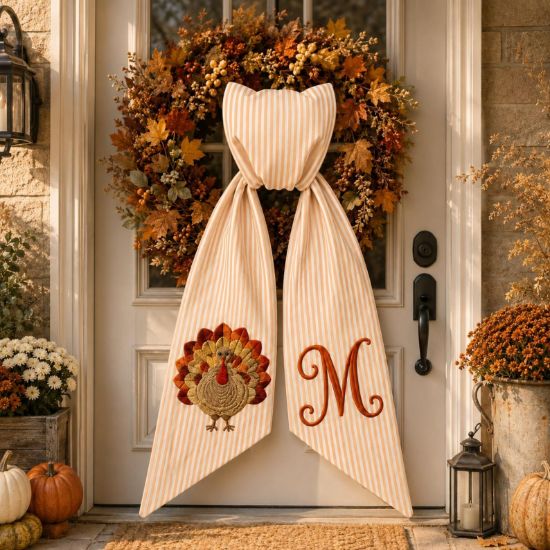 Personalized Thanksgiving Wreath Sash, Embroidered Turkey Door Bow, Fall Wreath Ribbon, Monogram Autumn Decor, Thanksgiving Front Door Decor