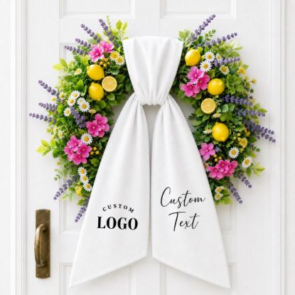 Custom Wreath Sash with Logo and Text, Personalized White Door Bow, Business Logo Wreath Ribbon, Spring Summer Lemon Front Door Decor