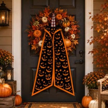 Halloween Wreath Sash, Jack O Lantern Door Bow, Pumpkin Wreath Ribbon, Halloween Door Decor, Fall Front Door Sash, Spooky Pumpkin Bow
