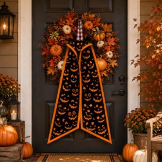 Halloween Wreath Sash, Jack O Lantern Door Bow, Pumpkin Wreath Ribbon, Halloween Door Decor, Fall Front Door Sash, Spooky Pumpkin Bow