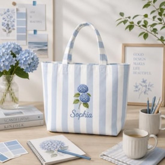Hydrangea Embroidered Tote Bag, Blue Striped Personalized Tote, Floral Canvas Bag, Custom Name Beach Tote, Gift for Her, Summer Lover Gift