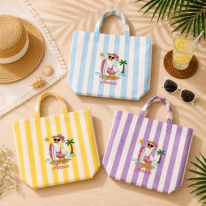 Personalized Goose Summer Embroidered Tote Bag, Custom Beach Goose Tote, Pink Stripe Coastal Bag, Cute Vacation Tote for Women, Goose Summer