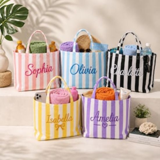 Personalized Embroidered Striped Tote Bag, Custom Name Beach Tote, Bridesmaid Tote Bag, Aesthetic Canvas Bag, Future Mrs Bridal Beach Bag