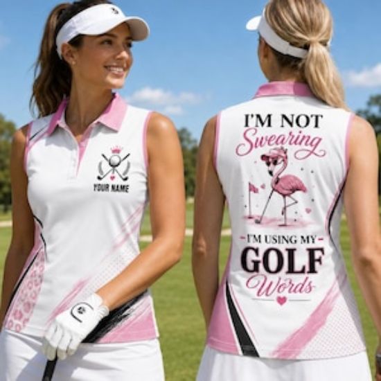 Custom Women’s Golf Polo Shirt, Flamingo Golf Jersey, Personalized Pink Golf Shirt, Golf Words Shirt, Gift for Golfer, Golf Girl Polo Shirt