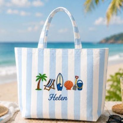 Personalized Beach Tote Bag, Embroidered Summer Tote, Custom Name Coastal Bag, Preppy Blue Stripe Tote, Vacation Gift for Women, Summer Bag