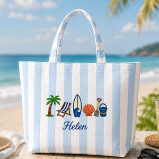 Personalized Beach Tote Bag, Embroidered Summer Tote, Custom Name Coastal Bag, Preppy Blue Stripe Tote, Vacation Gift for Women, Summer Bag