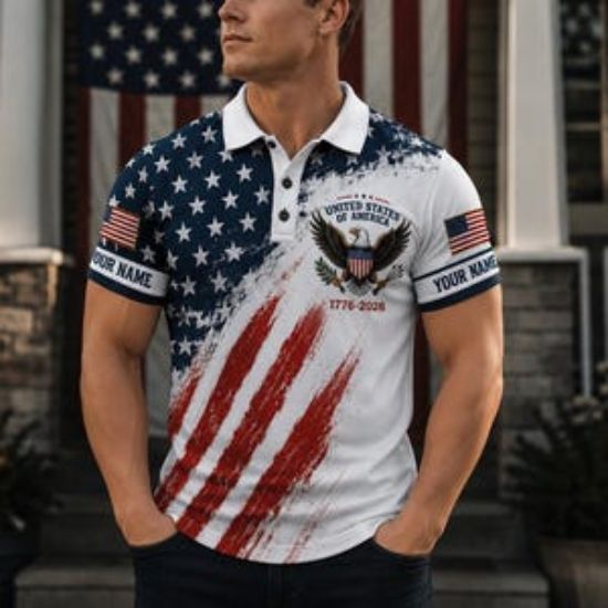 Custom Patriotic Eagle Polo Shirt, One Nation Under God Polo, USA Flag Polo Shirt, Personalized 4th of July Golf Shirt, 250 Years USA
