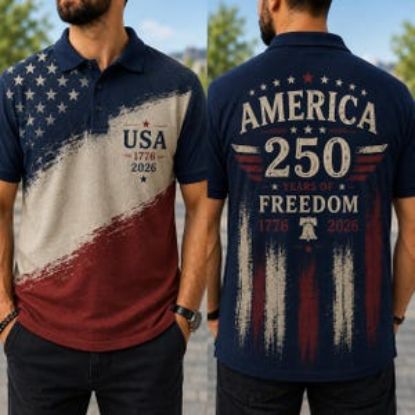 America 250 Years Of Freedom Polo Shirt Patriotic USA Polo Shirt 1776 2026 Independence Day Shirt 4th July Golf Polo American Flag Shirt