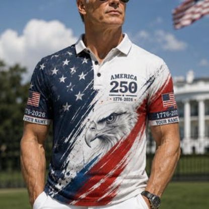 Custom America 250 Polo Shirt Patriotic Eagle USA Polo Shirt Personalized American Flag Golf Shirt 1776 2026 Independence Day USA Shirt