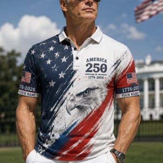 Custom America 250 Polo Shirt Patriotic Eagle USA Polo Shirt Personalized American Flag Golf Shirt 1776 2026 Independence Day USA Shirt