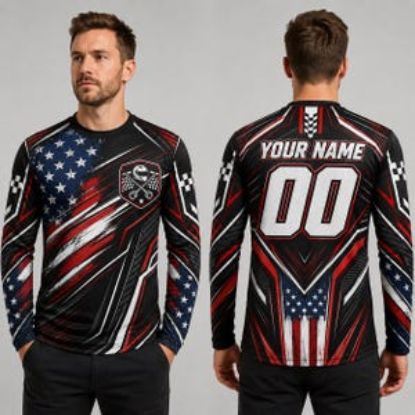 Personalized Racing Jersey Shirt, Custom Name Number Race Car Shirt, American Flag Motorsport Tee, Short Sleeve Pit Crew Shirt, Racer Gift