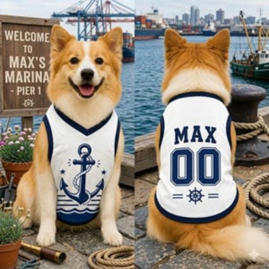 Custom Nautical Dog Shirt, Personalized Anchor Pet Jersey, Custom Name Number Dog Clothes, Navy Marine Dog Outfit, Coastal Pet Clothing