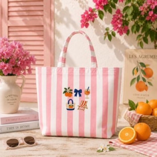Summer Icon Embroidered Tote Bag, Pink Striped Beach Bag, Vacation Tote, Citrus Orange Tote, Personalized Summer Bag Summer Lover Gift