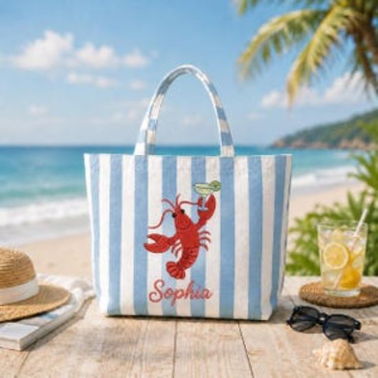 Personalized Lobster Beach Tote Bag, Embroidered Coastal Tote, Custom Name Summer Bag, Preppy Blue Stripe Tote, Vacation Gift for Women