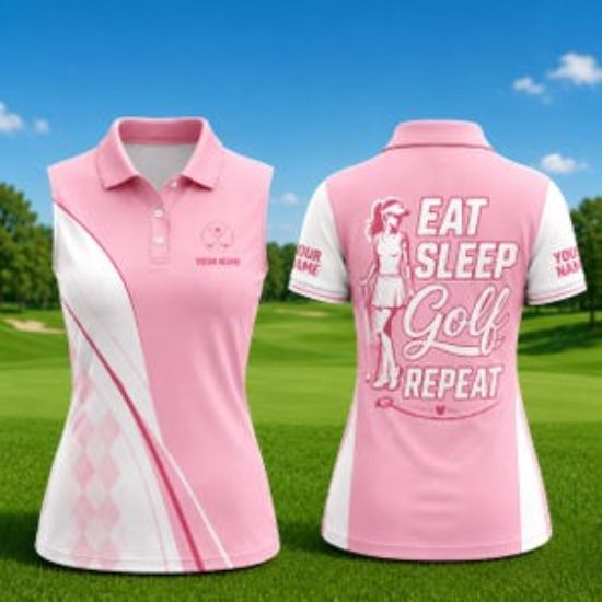 Personalized Women’s Golf Polo Shirt, Eat Sleep Golf Repeat Pink Golf Jersey, Custom Name Sleeve, Golfer Gift for Her, Golf Girl Polo Shirt