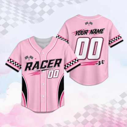 Custom Pink Racing Jersey, Personalized Name Number Shirt, Race Car Birthday Outfit, Checkered Flag Jersey, Kids Motorsport Gift For Girl