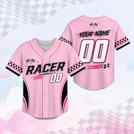 Custom Pink Racing Jersey, Personalized Name Number Shirt, Race Car Birthday Outfit, Checkered Flag Jersey, Kids Motorsport Gift For Girl