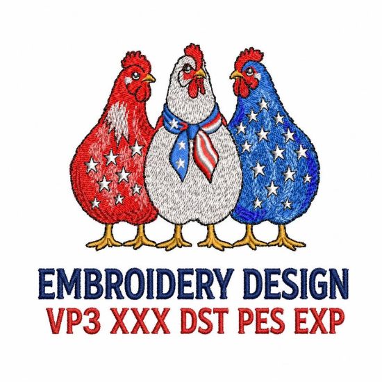 Red White Blue Chicken Embroidery File, Patriotic Rooster Embroidery Design, Independence Day Farm Animal Stitch Pattern 250 Years USA