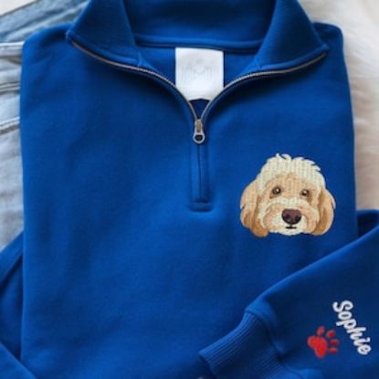 Embroidered Custom Pet Portrait Quarter Zip Pullover, Embroidered Dog Walking Sweatshirt, Custom Cat Mom Embroidered Shirt, Pet Lovers Gift