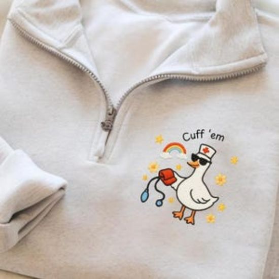 Embroidered Quarter zip Funny Goose Nurse Shirt, cuff em Nurse Shirt, ER Nurse, RN Nurse Cuff Em Nurse Practitioner Tee Nurse gift