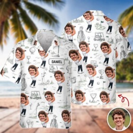 Custom Face Golfer Hawaiian Shirt, Personalized Golf Vacation Aloha Shirt, Funny Beach Outfit, Golf Lover Gift for Men Women, Father Day