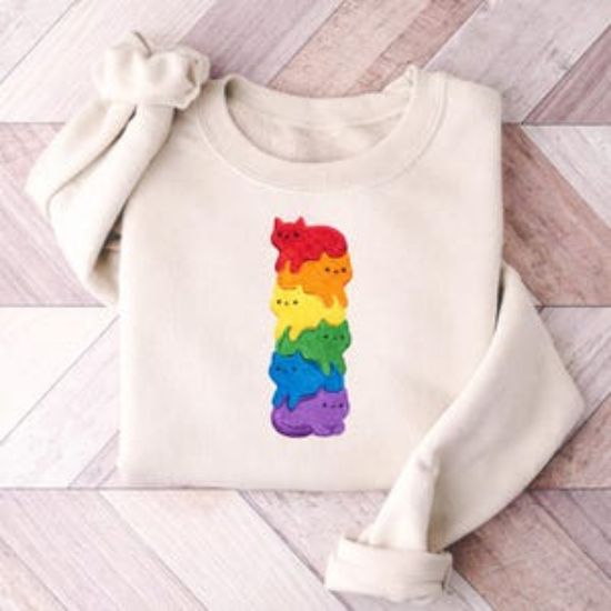 Embroidered Rainbow Cat LGBT Pride Sweater, LGBT Cat Sweater, Rainbow Ally Silly Cat, Pride Gift,  Embroidered Sweater, Pride Month Shirt