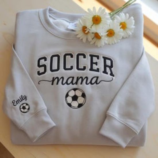 Embroidered Personalize Soccer Mom Kids Name On Sleeve Sweatshirt, Mom Soccer Sweater, Soccer Mama Shirt, Gift for Soccer Mom, Soccer Season