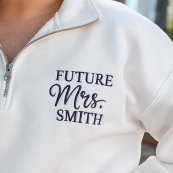 Embroidered Custom Future Mrs Embroidered Quarter Zip Sweatshirt, Date On Sleeve, Gift For Bride, Future Mrs. and Mr. Shirt, Engagement Gift