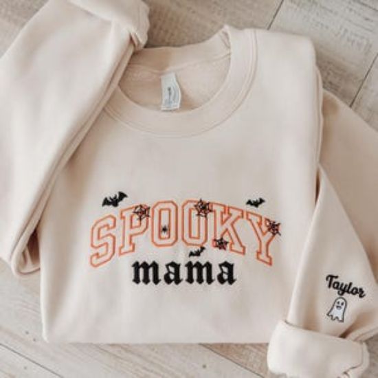 Embroidered Spooky Mama Sweatshirt, Mom Halloween Crewneck, Halloween Mom Shirt, Spooky Halloween Mama Hoodie