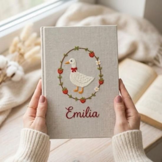 Personalized Embroidered Goose Notebook, Custom Name Fabric Journal, Strawberry Garden Diary, Handmade Linen Notebook Gift for Girls Women