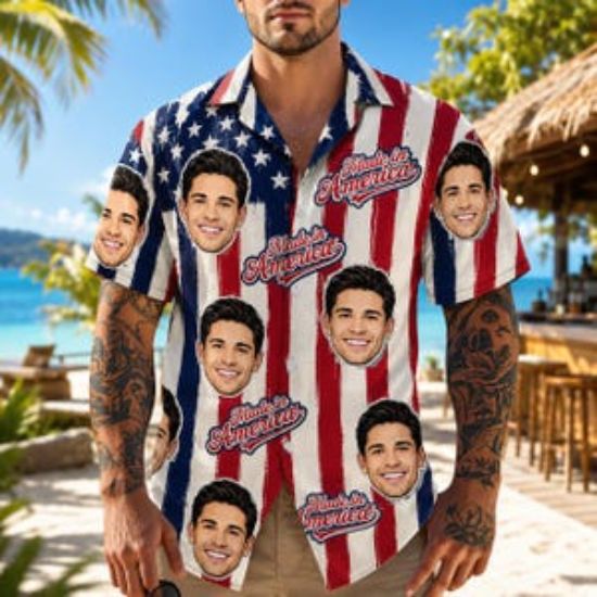 Custom Face Patriotic Aloha Shirt, America 250 Years Hawaiian Shirt, Funny July 4th Family Vacation Outfit, USA Independence Day Beach Shirt