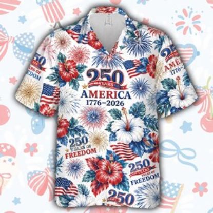 250 Years Of America Hawaiian Shirt For Men Women, 1776-2026 Patriotic Button Up Shirt Floral 4th Of July Shirt Independence Day Aloha Shirt