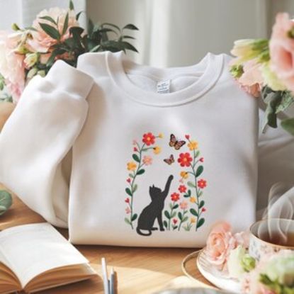 Embroidered Black Cat Chasing Butterfly Meadow Sweatshirt , Flower With Cat Hoodie, Black Cat And Wildflowers Sweatshirt, Cat Lover Shirt