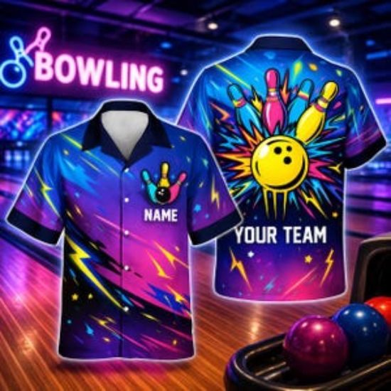 Personalized Bowling Shirt Neon Retro, Custom Name Team Bowling Shirt, Colorful Strike Design Hawaiian Shirt, Bowling League Gift Shirt