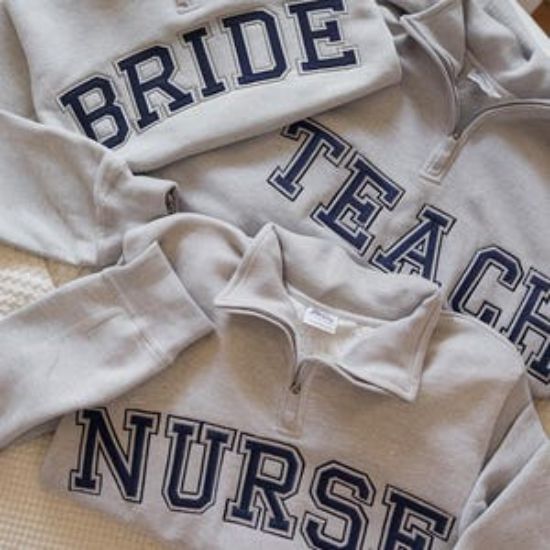 Embroidered Custom Text Varsity Quarter Zip Sweatshirt, Embroidered Bridal Party Sweatshirt, Embroidered Nurse, Personalized Teacher Shirt