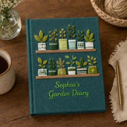 Personalized Garden's Diary Notebook, Garden Plants Hand Embroidered Notebook, Handmade Fabric Cover Notebook, Plant Lover Gardening Mom