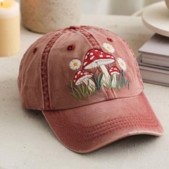 Embroidered Mushroom Vintage Washed Hat, Natural Lover Gift, Cottagecore Embroidered Hat, Summer Hat For Her, Mushroom Embroidery