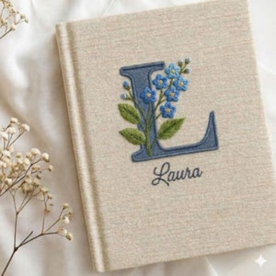 Personalized Embroidered Floral Initial Notebook, Custom Name Journal, Handmade Fabric Diary, Garden Lover Gift for Women Mom