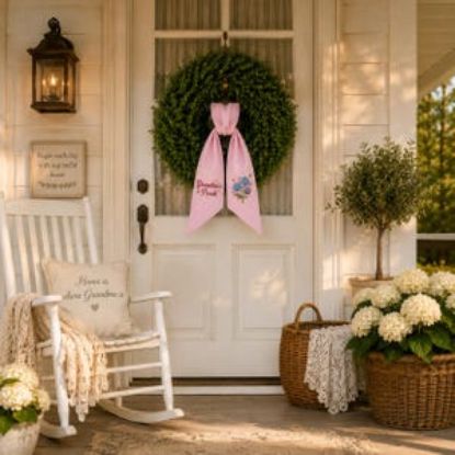 Embroidered Hydrangea Wreath Sash, Pink Seersucker Grandma Porch Decor