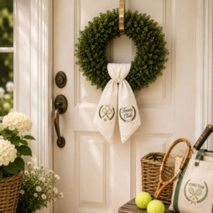 Tennis Club Wreath Sash, Embroidered Tennis Door Bow, Country Club Front Door Decor, Preppy Tennis Wreath Ribbon, Summer Door Hanger