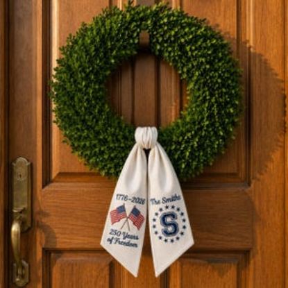 Embroidered Patriotic Wreath Sash Bow, Personalized Americana Independence Day Decor