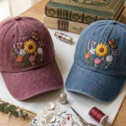 Floral Embroidered Hat, Wildflower Baseball Cap, Butterfly Flower Cap, Aesthetic Boho Hat, Personalized Gift for Her, Nature Inspired Cap