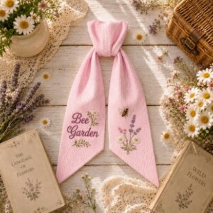 Bee Garden Wreath Sash, Embroidered Floral Door Bow, Pink Seersucker Wreath Decor, Cottagecore Bee Garden Decor, Spring Front Door Sash
