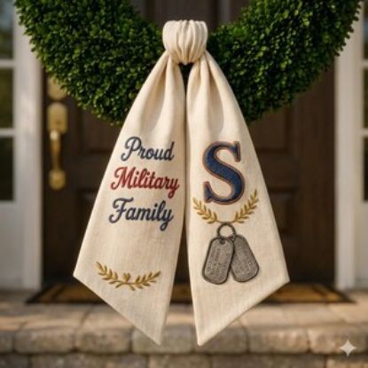 Embroidered Military Family Wreath Sash, Patriotic Monogram Door Decor, Independence Day Gift